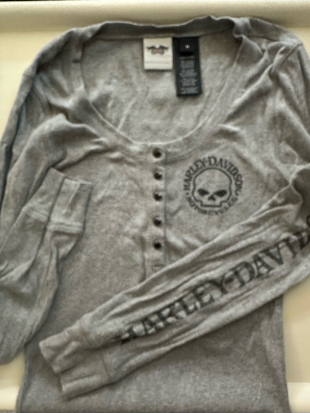 Harley-Davidson Gray Women’s Long-Sleeve Henley with Skull Logo